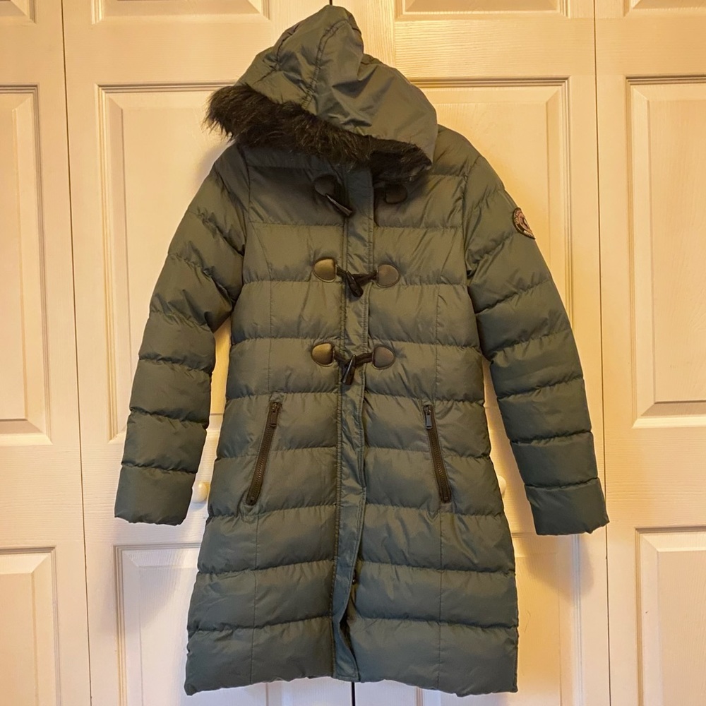 Long Dark Green Puffer Jacket with Faux Fur Hood ASOS